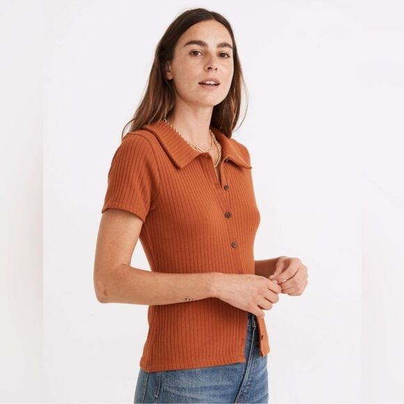 Madewell Ribbed Polo Button-Front Tee in Rust Size Small Short Sleeve - Picture 1 of 7